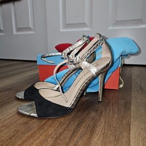 Jean-Michel Cazabat Black and Silver Strap Stilettos